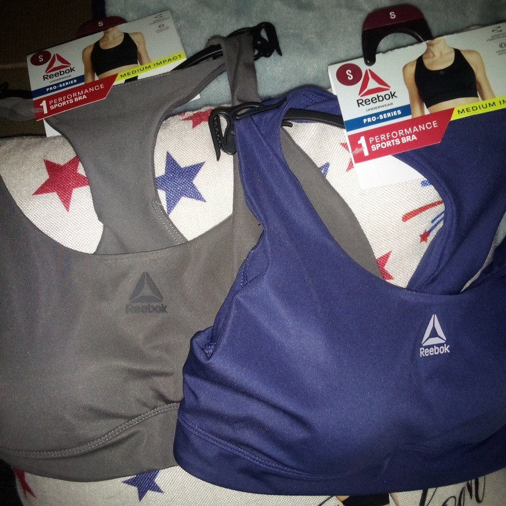 Set Of 2 Reebok PRO-SERIES Sports Bras 1 Blue & 1 Grey Racer back Size Small NWT